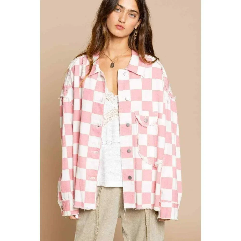POL Clothing Pink and White Denim Checkered Race Check Shacket New S-L YWT7 - Picture 7 of 8